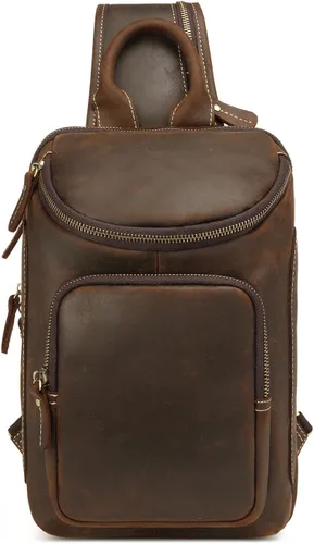 Vista 2 de Lieseh Bolso bandolera vintage de cuero genuino para hombre, bandolera para hombro, pecho, mochila de viaje al aire libre, Café, Vintage