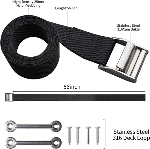 Vista 2 de 56" Battery Tie Down Strap Kit Battery Hold Down Strap with Stainless Steel 316 Buckle, 2 Stainless Steel 316 Eye Strap Mounts, 4 SS Screws(1 Pack)