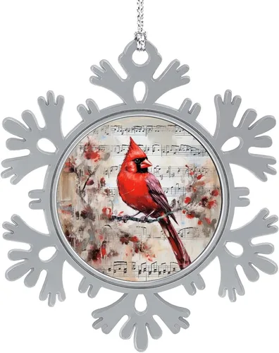 Vista 15 de El cardenal rojo se sienta en una rama de pino en el invierno, adornos de Navidad de copo de nieve de metal, patrón de pájaro cardenal, regalo