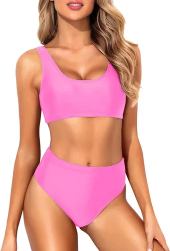 Vista 5 de Tempt Me Traje de baño deportivo de dos piezas para mujer, bikini de cuello redondo y tiro alto, top corto, traje de baño de cintura alta