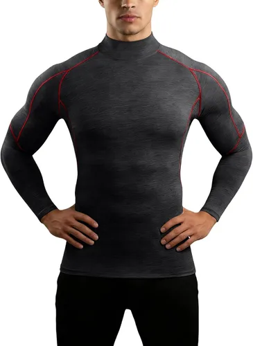 Vista 11 de Camisa de compresión para hombre, cuello alto falso raglán de manga larga, camiseta interior elástica de capa base atlética