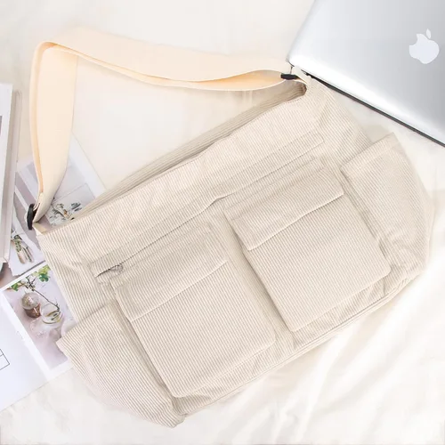 Vista 7 de Bolso bandolera grande de pana para mujereshombres, bolso escolar tipo hobo