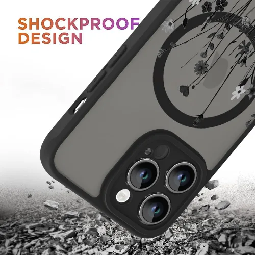Vista 3 de OOK Funda magnética para iPhone 13 Pro Max [compatible con MagSafe] Funda delgada translúcida mate con flor silvestre negra, protección para lente