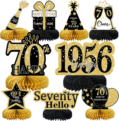 Vista 10 de 9 piezas de decoración de cumpleaños negro dorado 16 centros de mesa de panal para niños y niñas, centros de mesa de feliz cumpleaños 16 Oro negro 16
