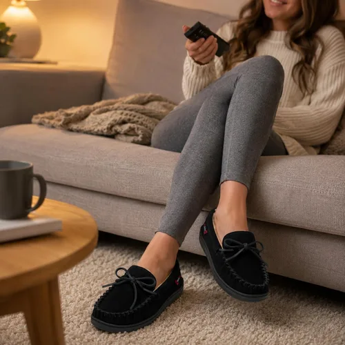 Vista 2 de Alpine Swiss Sabine - Pantuflas tipo mocasín para mujer, zapato de casa de gamuza auténtica, plantilla de espuma viscoelástica, piel de oveja Negro