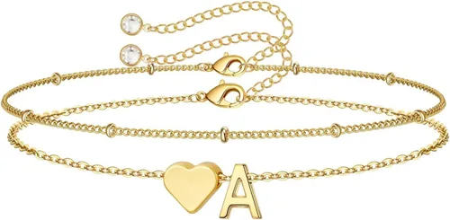 Vista 8 de M MOOHAM Pulseras de oro con inicial de corazón para mujer, pulseras con dije de letra A-Z de corazón dorado en capas para mujer, pulseras