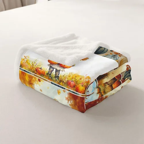 Vista 6 de Fall Scarecrow Throw Blanket,Retro Autumn Pumpinks Squirrel Bed Plush Blanket for Living Room Decor,Rustic Farmhouse Sunflowers Couch Bed Sofa Soft