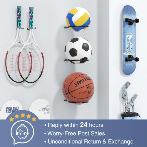 Vista 7 de Ball Holder Wall Mount Set –Sports Ball Racks for Basketball, Soccer, Volleyball, Football – Wall Storage & Display for Sports Room