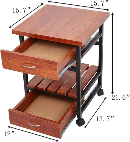 Vista 3 de Mesa auxiliar de madera con ruedas junto al gabinete, mesita de noche con 2 cajones para dormitorio, sala de estar