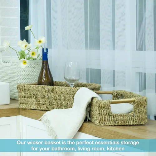 Vista 2 de VATIMA Cestas de hierba marina con asas de madera, juego de 3 cestas decorativas de mimbre natural para cocina