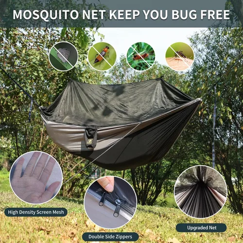 Vista 2 de Qevooon Hamaca de camping con red, hamacas ligeras portátiles de viaje con correas para árboles y mosquetones sólidos en forma de D, hamaca de Negro