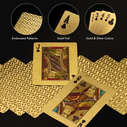 Vista 6 de INTEGEAR 2 barajas de cartas de juego, tarjetas de póquer con estampado 3D dorado en relieve de plástico PET impermeable cartas de juego de trucos