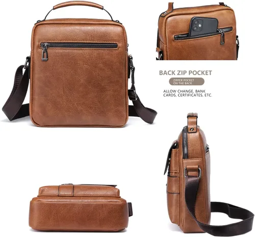 Vista 4 de Bolso cruzado de cuero para hombre, pequeño, bolso de hombro para iPad de 9.7 pulgadas, viajes, ciclismo, senderismo, oficina, negocios, D-Marrón