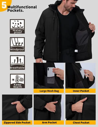 Vista 4 de GEMYSE Chaqueta de esquí para hombre, abrigos de invierno, chaqueta de nieve impermeable, parka cálida con capucha, impermeables con múltiples
