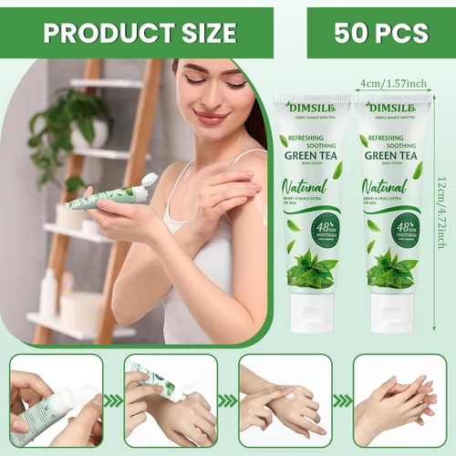 Vista 2 de Paquete de 50 lociones corporales de té verde tamaño viaje 1 onza hidratante para piel seca con tapa abatible para piel extra seca, para posadas