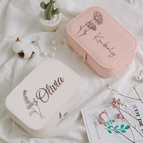 Vista 3 de Joyero personalizado de regalo para mujer, estuche de joyería de viaje personalizado, organización, cuero, personalizado, cumpleaños, aniversario