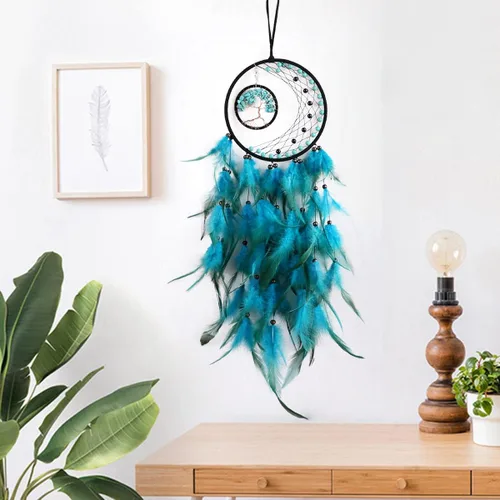 Vista 2 de Atrapasueños azul cian, atrapasueños árbol de la vida, decoración de pared para dormitorio, atrapasueños hecho a mano con piedra de cristal Cian-azul