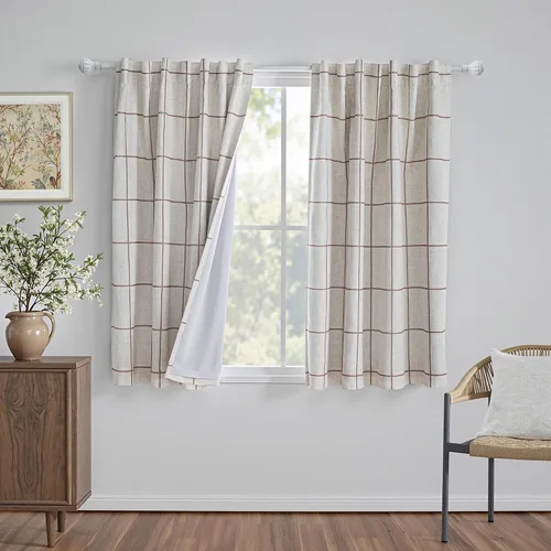 Vista 26 de MYSKY HOME Cortinas de Lino a Cuadros 100% Opacas de 45 Pulgadas de Largo de Doble Capa Estilo Granja con Aislamiento Térmico Estampado a Cuadros