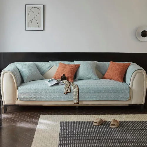 Vista 2 de vctops Funda para sofá con bordado geométrico bohemio, de algodón neutro, acolchada, funda antideslizante y suave para sofá modular para perros, Azul