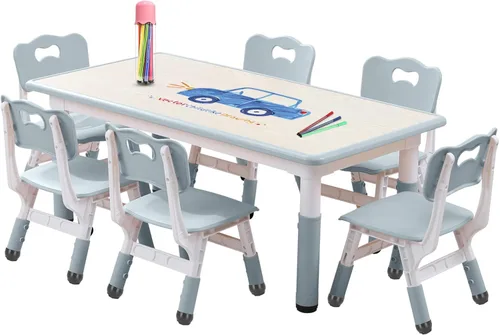 Vista 12 de Juego de mesa y silla para niños, altura ajustable, juego de mesa y silla para niños pequeños y 6 sillas con escritorio a prueba de grafiti, patas