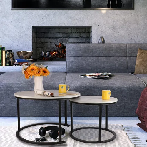 Vista 6 de Juego de café redondo anidable, mesa de cóctel moderna apilable para sala de estar, oficina, balcón, mesas anidables de 2 piezas con marco de metal