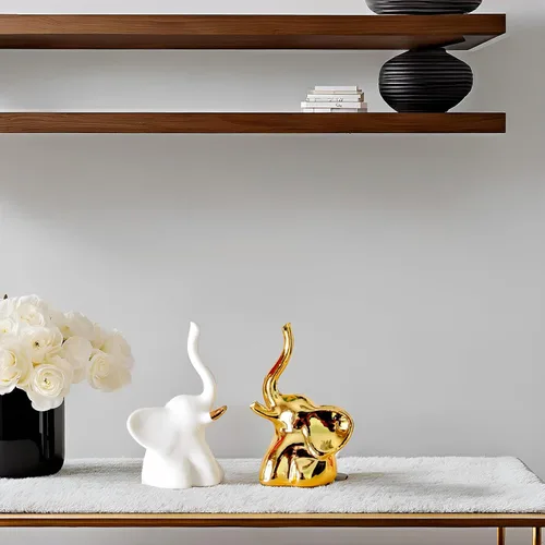 Vista 6 de Estatuas de Elefante para Decoración del Hogar, 1 Par, Pequeños Acentos Decorativos para Estantes, Sala de Estar y Dormitorio, Dorado y Blanco