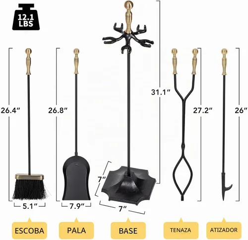 Vista 3 de [Usado] nalone Juego de 5 herramientas para chimenea, asas de latón, accesorios de chimenea de hierro forjado con póquer, pinzas, pala, cepillo