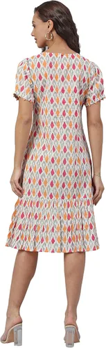 Vista 6 de Janasya Vestido de una línea estampado blanco roto para mujer india