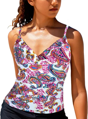 Vista 4 de Hilor Top tankini para mujer con volantes fruncidos y cuello en V