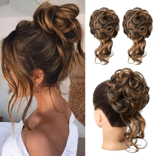 Vista 22 de HOOJIH 2 piezas de extensiones de cabello estilo moño despeinado, extensiones de cabello rizado y ondulado con tiras, cola de caballo, horquillas