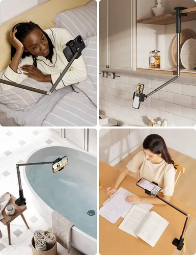Vista 2 de Viozon Soporte para teléfono, brazo largo flexible, montaje superior, ángulo ajustable de 360°, aleación de aluminio, abrazadera C para cabecero