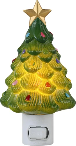 Vista 5 de Mr. Christmas Árbol de Navidad nostálgico de cerámica LED enchufable luz nocturna, verde, 1 paquete