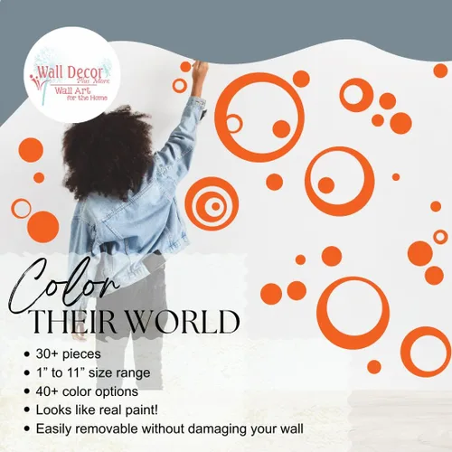 Vista 2 de Adhesivo de vinilo naranja para pared, diseño de círculos, burbujas, puntos 25+ piezas