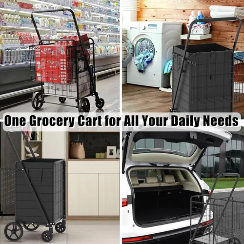 Vista 8 de Carrito de Compras Plegable de Servicio Pesado para Comestibles, Carritos de Comestibles Jumbo con Ruedas Giratorias de 360°, Bolsa Impermeable