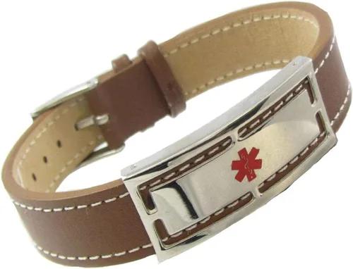 Vista 6 de Pulsera de alerta médica de cuero genuino con grabado