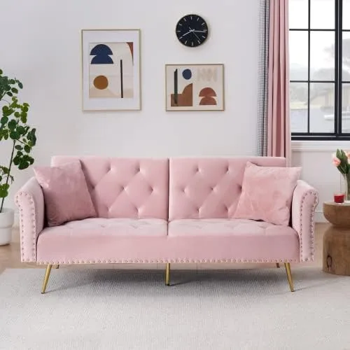 Vista 10 de Anwick Sofá cama tipo futón convertible de terciopelo de 69 pulgadas con 2 almohadas, moderno sofá cama plegable con 3 respaldos ajustables, sofá