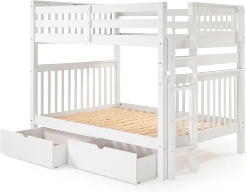 Vista 3 de Bedz King Literas de estilo misión matrimonial sobre tamaño matrimonial con escalera lateral y 2 cajones debajo de la cama, color blanco