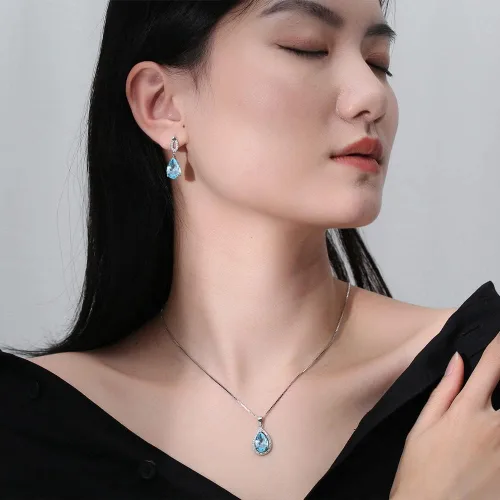 Vista 4 de JIANGXIN Teardrop Birthstone 925 Sterling Silver Rhodium Plated Gemstone Jewelry Set for Women Stud Earring Pendant Necklace 1618inch Italian Box