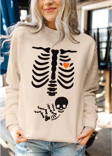 Vista 2 de Sudadera de esqueleto de rayos X para mujer, sudadera de maternidad de Halloween, cuello redondo, sin botones, para anuncio de embarazo