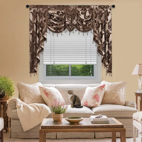 Vista 16 de NAPEARL Cenefa de cascada beige para sala de estar, cortinas de cocina jacquard cenefas y festones, cortinas con festones para ventanas