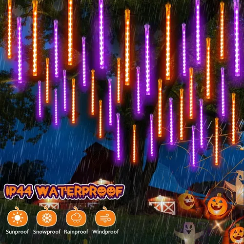 Vista 3 de Luces de lluvia de meteoritos de Halloween para exteriores, paquete de 2 Naranja Púrpura y Verde