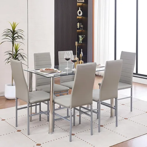 Vista 14 de Juego de mesa y silla de comedor de 7 piezas, juego de mesa de comedor para 6 mesas de cocina con 6 sillas, mesa rectangular de vidrio con 6 sillas