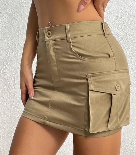 Vista 2 de Minifaldas cargo para mujer, falda de mezclilla corta Y2K con bolsillos, cintura baja, con botones