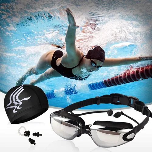 Vista 7 de Gafas de natación impermeables y juego de gorras 4 en 1, lentes de protección UV 400 transparentes antivaho Negro-1