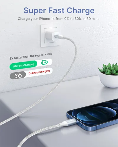 Vista 4 de Cable USB C a Lightning de 3 pies, paquete de 2 cables USB C para iPhone, certificado MFi, trenzado, tipo C, cable de carga rápida, compatible