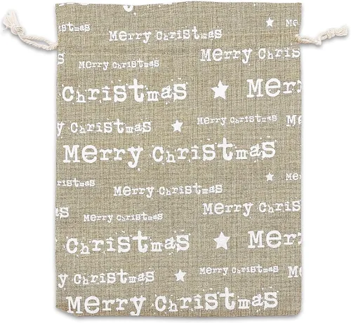 Vista 29 de 48 paquetes de 3x4 bolsas de regalo reutilizables de yute y arpillera con cordones (Feliz Navidad, X-Pequeño) - para regalos, favores de fiesta