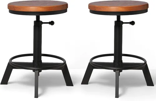 Vista 13 de Juego de 2 taburetes de bar industriales, taburete corto, asiento giratorio de madera, sillas de isla de cocina, altura ajustable, 15.2-21 pulgadas