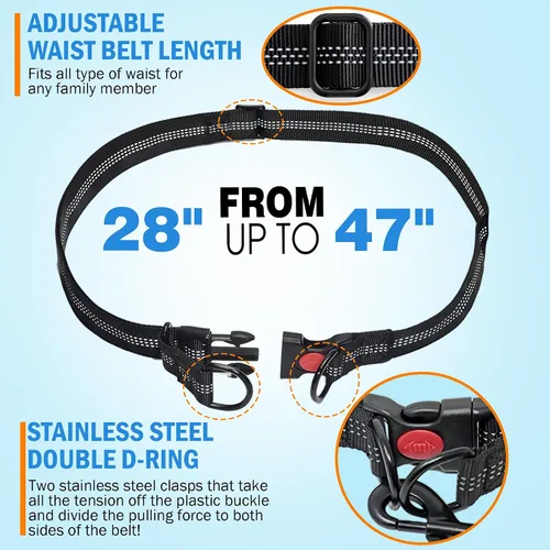 Vista 3 de Correa de perro manos libres con cinturón – Bungee sin tirones, asas acolchadas dobles y bolsa con cremallera para correr, caminar y entrenar – Negro