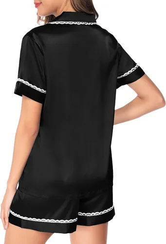 Vista 3 de SWOMOG Conjunto de pijama de satén de seda para mujer, ropa de dormir de manga corta, suave, con botones, 2 piezas, pijama de encaje