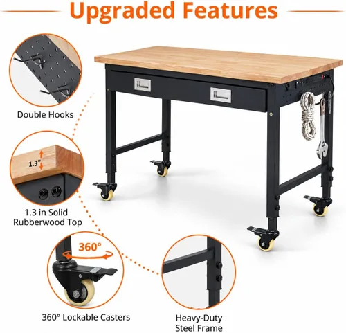 Vista 6 de Banco de trabajo ajustable resistente de 48 x 24 x 1.2 pulgadas con parte superior de madera de goma, almacenamiento de cajones, tira